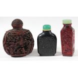 CHINESE AMBER SNUFF BOTTLE, of tapering square section with panels of goats, a dragon and birds in
