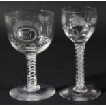 ENGLISH WINE GLASS, circa 1790, the ovoid bowl engraved with a rose and pheasant on a stem with a
