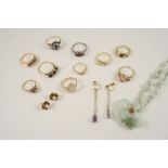 A QUANTITY OF JEWELLERY including a pair of amethyst and seed pearl drop earrings, an opal and