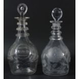 MALLET SHAPED GLASS DECANTER AND STOPPER, circa 1800, engraved with a three masted ship and the