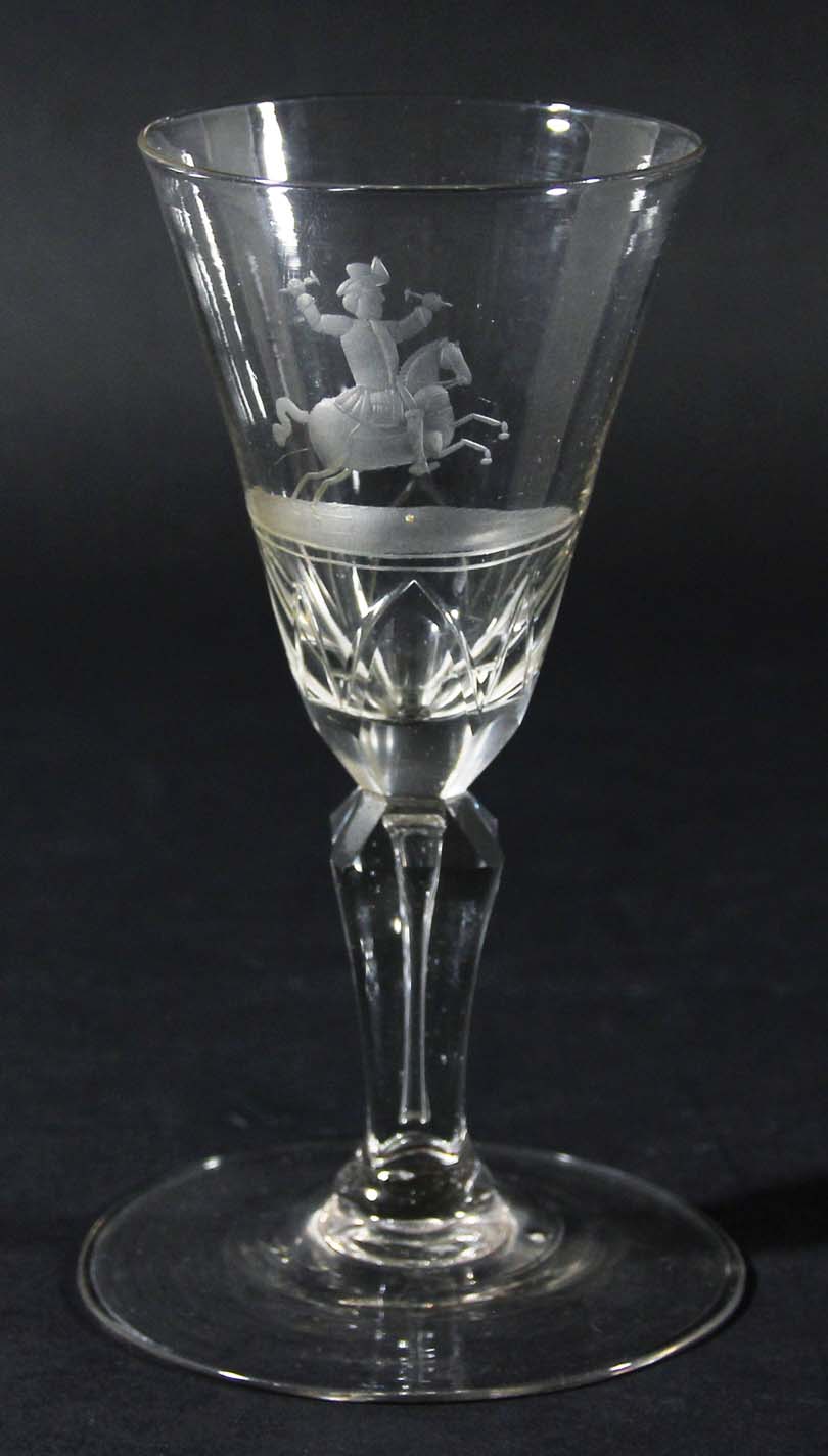 DUTCH WINE GLASS, circa 1750, the rounded funnel bowl engraved with a man on horse back above arched