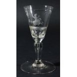 DUTCH WINE GLASS, circa 1750, the rounded funnel bowl engraved with a man on horse back above arched