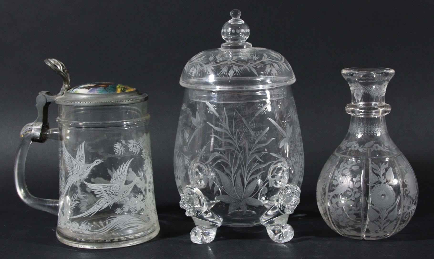 STOURBRIDGE GLASS VASE AND COVER, of ovoid form, engraved with dragonflies flying amongst foliage,