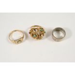 A GOLD AND GEM SET RING 11.8 grams, size K, together with a diamond and gold ring, size V and a