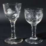 WINE GLASS, possibly late 18th century, the ogee bowl engraved with flowers and a butterfly on a