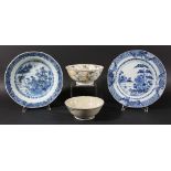 TWO CHINESE BLUE AND WHITE EXPORT PLATES, 18th century, painted with lakeside pavilions, diameter