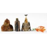 TWO CHINESE HARDSTONE STUFF BOTTLES, probably chalcedony, carved as gourds; together with another of