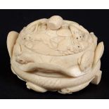 JAPANESE IVORY BOX AND COVER, Meiji, carved as rats climbing over a basket, carved signature plaque,