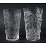 NEAR PAIR OF STOURBRIDGE GLASS TUMBLERS, late 19th century, one engraved with kingfishers and a
