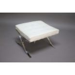 BARCELONA STOOL - AFTER MIES VAN DER ROHE an x framed stool with padded white leather seat, after