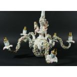 MEISSEN STYLE FIVE BRANCH CHANDELIER, encrusted with flowers and cherubs, drop 40cm, diameter 50cm