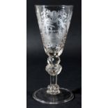 GLASS GOBLET, 18th century, the rounded funnel bowl engraved with a lady in a swing in a scrolling