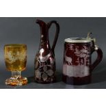 BOHEMIAN GLASS TANKARD AND COVER, 19th century, of tapering form, red cut through to clear with a