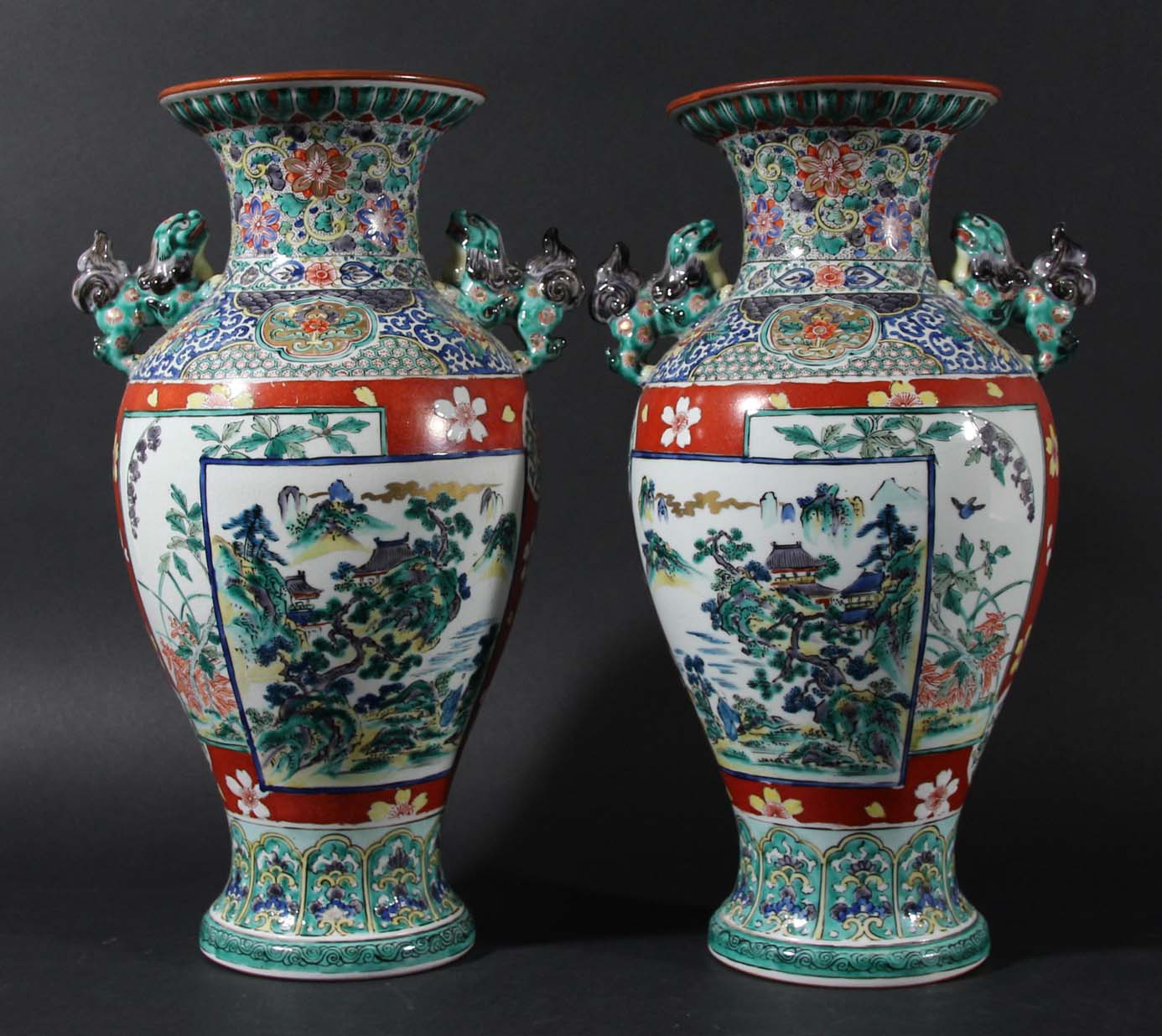 PAIR OF JAPANESE BALUSTER VASES, decorated in the famille verte palette with figural and mountain