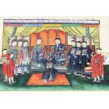 CHINESE PITH PAINTING, of an Emperor and Empress enthroned in a tent with courtesans, attendants and