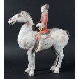 CHINESE POTTERY HORSE AND RIDER, probably Han Dynasty, the horse standing four square, its rider