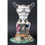 PEARLWARE VASE, circa 1800, the two handled neo-classical vase with floral swags on a square