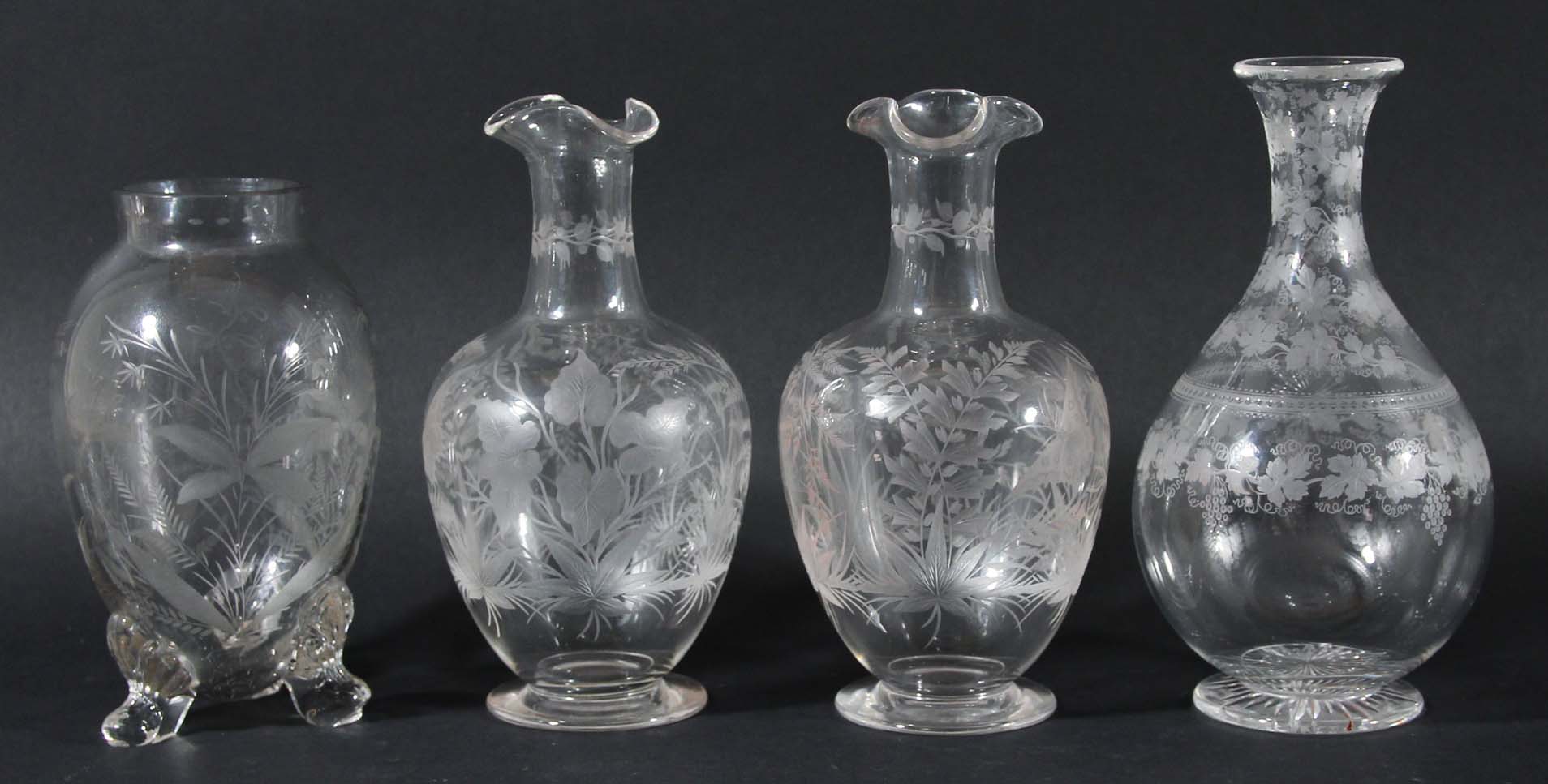 PAIR OF STOURBRIDGE GLASS VASES, the trefoil mouth above an ovoid body and spreading foot,