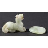 CHINESE PALE CELADON JADE CHILONG, seated, with bifurcated tail, length 6.5cm; together with an oval