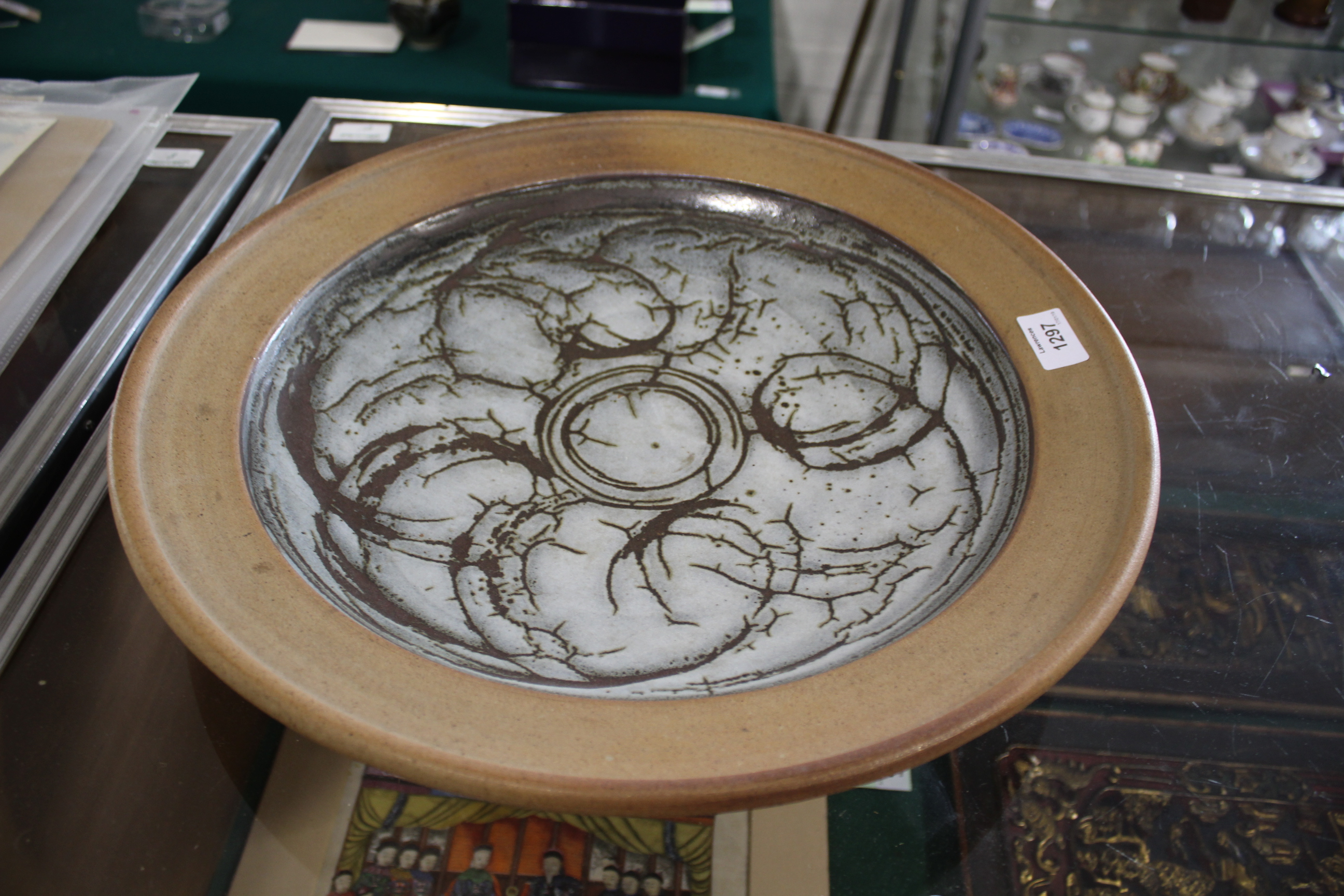 JOHN LEACH - LARGE CIRCULAR DISH a large stoneware dish, the centre glazed. Impressed marks to the - Image 3 of 5