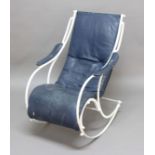 WINFIELD STYLE ROCKING CHAIR a metal framed chair with barrel shaped slatted seat, with a leather