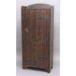 HEALS WARDROBE a stained wooden single wardrobe with a panelled door and metal hinges, with internal