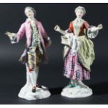 PAIR OF CHELSEA STYLE FIGURES, 19th century, of a beau and his lady, gold anchor marks, height