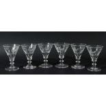 SET OF SIX EIGHTEENTH CENTURY STYLE LIQUOR GLASSES, the conical bowls engraved with cockerels
