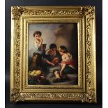 KPM BERLIN PORCELAIN PLAQUE, 19th century, painted with two boys playing dice, a third eating with a