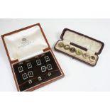 A CASED SET OF ONYX AND DIAMOND CUFFLINKS AND DRESS STUDS each rectangular-shaped black onyx link is