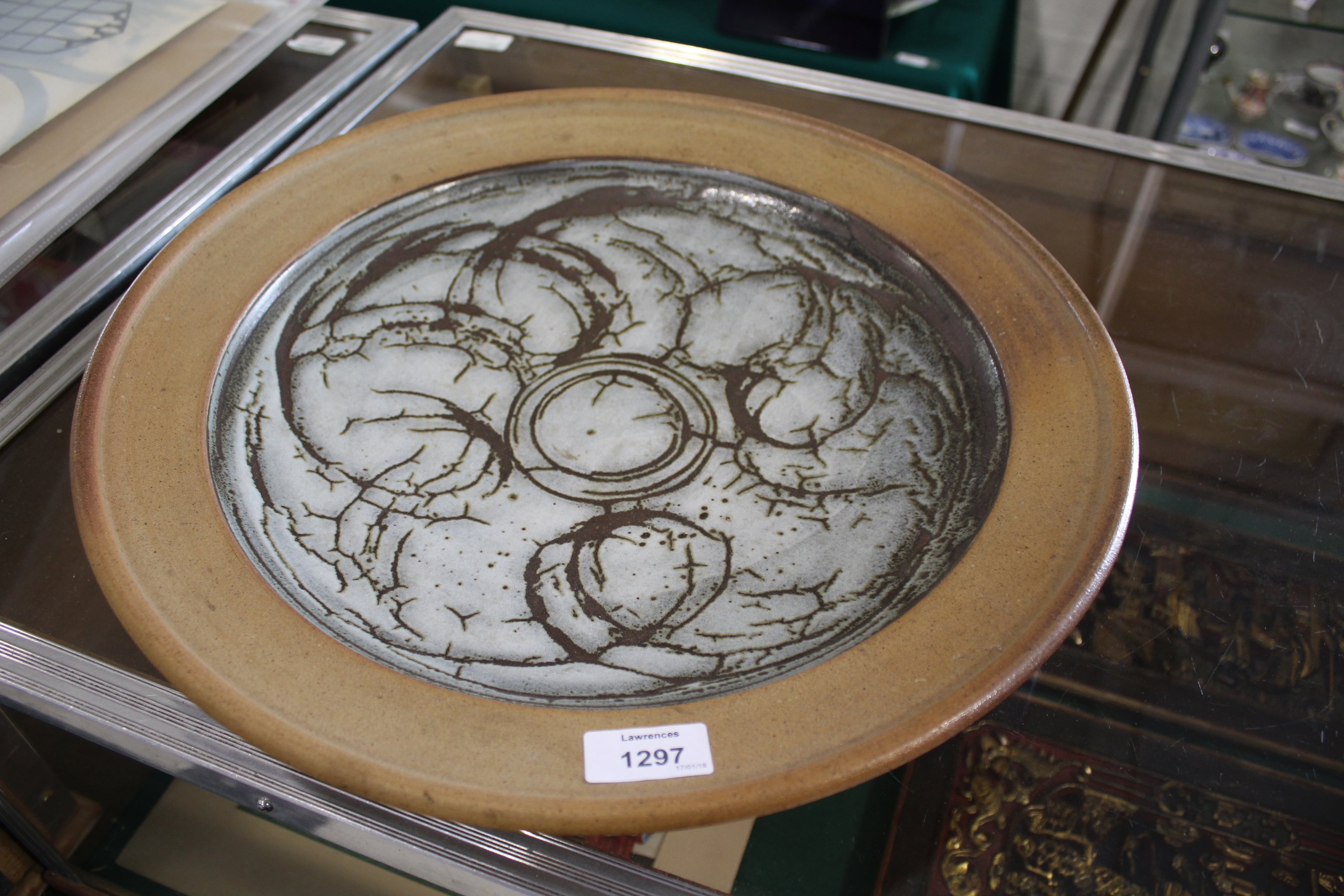 JOHN LEACH - LARGE CIRCULAR DISH a large stoneware dish, the centre glazed. Impressed marks to the - Image 2 of 5