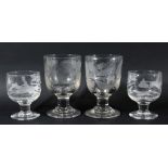 PAIR OF GLASS RUMMERS, early 19th century, the bowls engraved with vacant cartouches, roses and