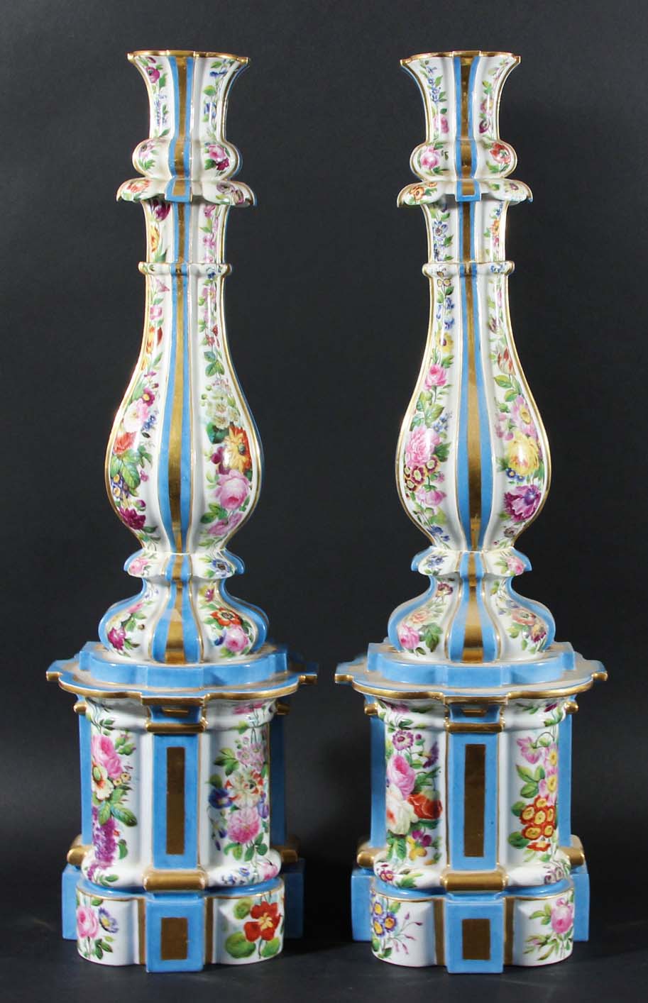 PAIR OF FRENCH JACOB PETIT STYLE CANDELABRA COLUMNS, 19th century, painted with vertical bands of