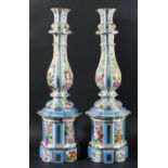 PAIR OF FRENCH JACOB PETIT STYLE CANDELABRA COLUMNS, 19th century, painted with vertical bands of