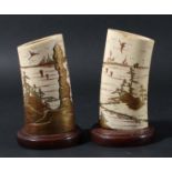 PAIR OF CHINESE IVORY TUSK VASES, circa 1920, with rock and pavillion decoration in low relief in