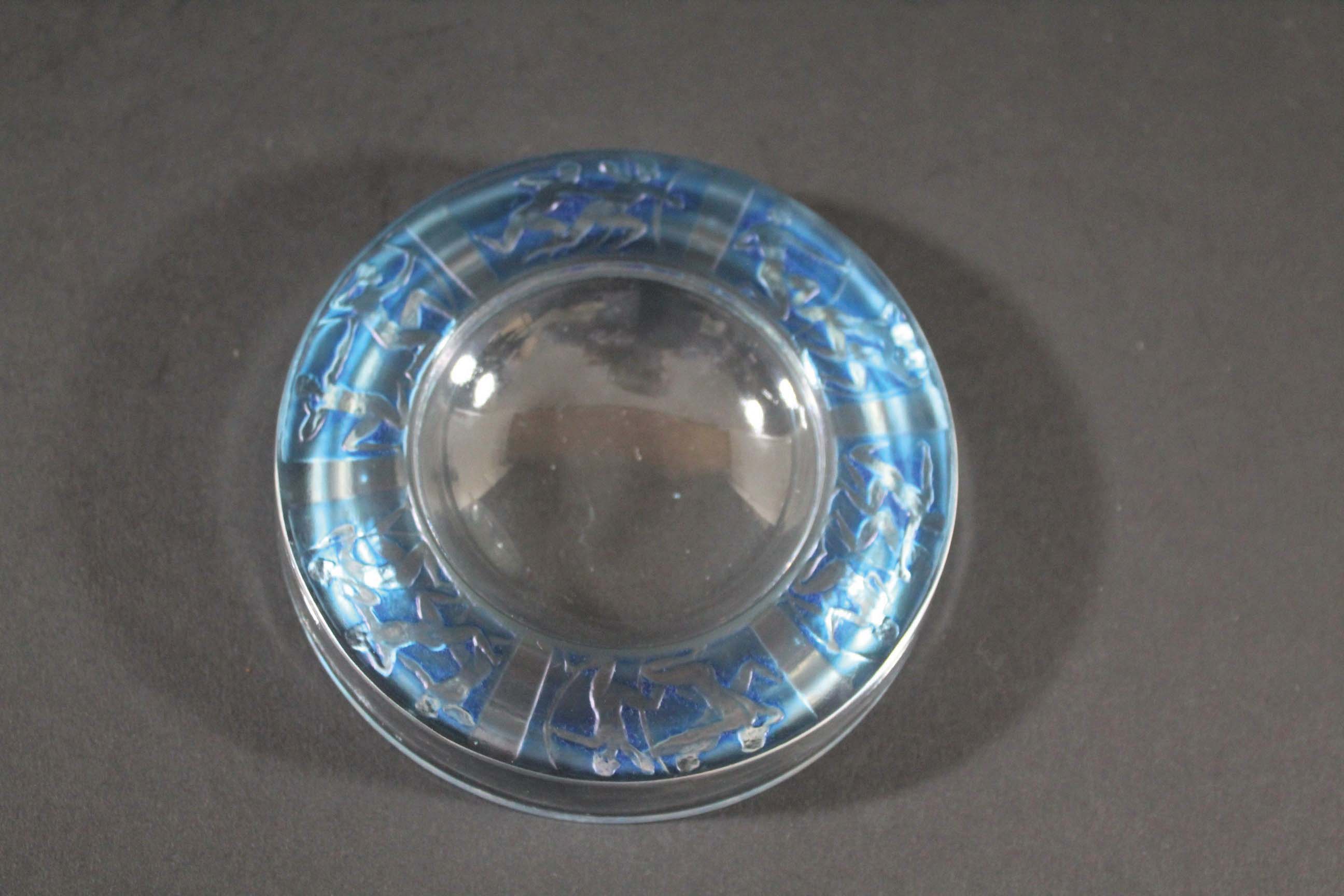 LALIQUE DISH - ARCHERS a glass dish with blue stained panels of Archers. Moulded mark, R LALIQUE,