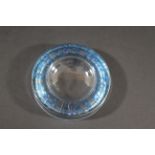 LALIQUE DISH - ARCHERS a glass dish with blue stained panels of Archers. Moulded mark, R LALIQUE,