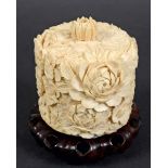 JAPANESE IVORY BOX AND COVER, Meiji, all cover carved with lotus and other flowers, the cover with