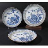 SET OF THREE CHINESE BLUE AND WHITE SAUCER DISHES, late 18th or 19th century, painted with a