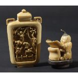 CHINESE CANTON SNUFF BOTTLE, late 19th century and probably bone, carved with two figures in a