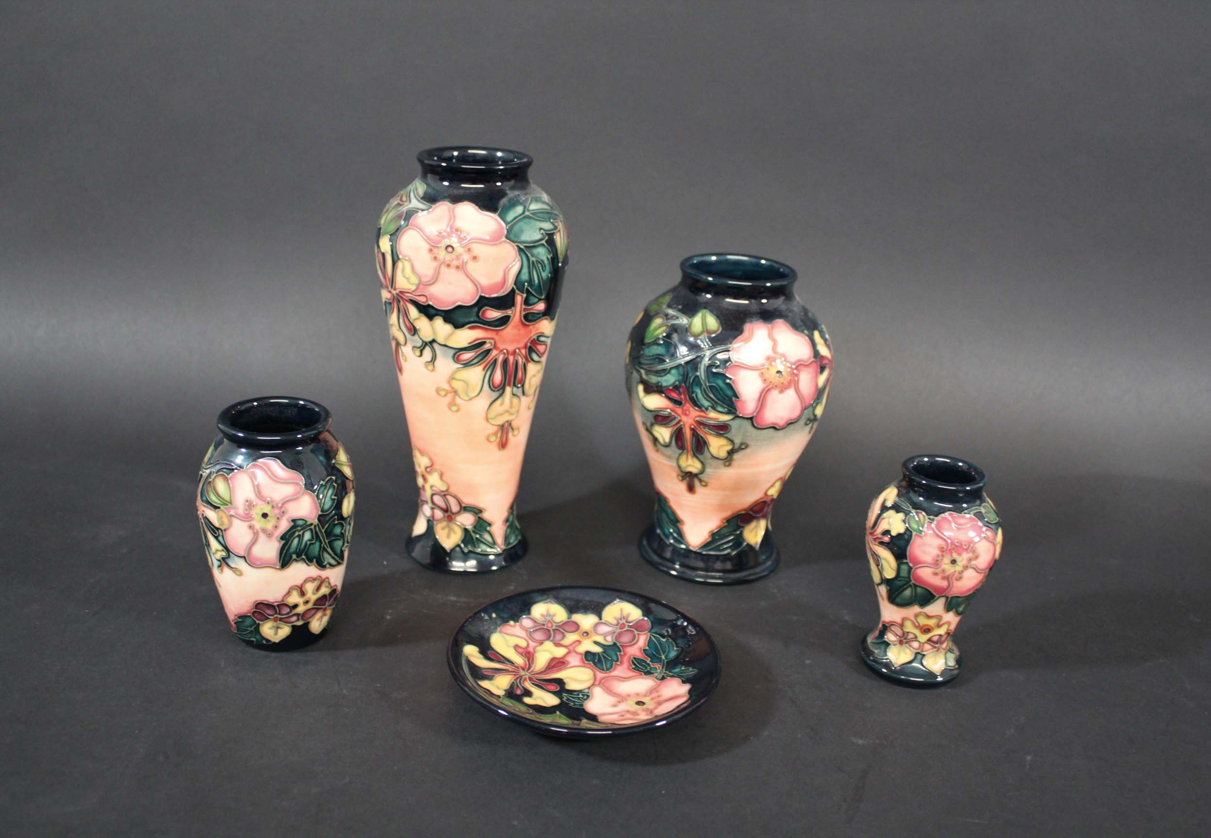 MOORCROFT POTTERY - OBERON 5 items of Moorcroft pottery in the Oberon design, including 4 vases of