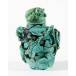 CHINESE MATRIX TURQUOISE SNUFF BOTTLE, carved with two rats climbing through foliage, the stopper