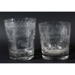 19TH CENTURY GLASS TUMBLER, of bucket form, engraved Joseph and Sarah Barton 1837 flanked by a regal