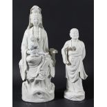 CHINESE BLANC DE CHINE FIGURE OF GUANYIN AND A CHILD, Ming style, seated with a package to one side,