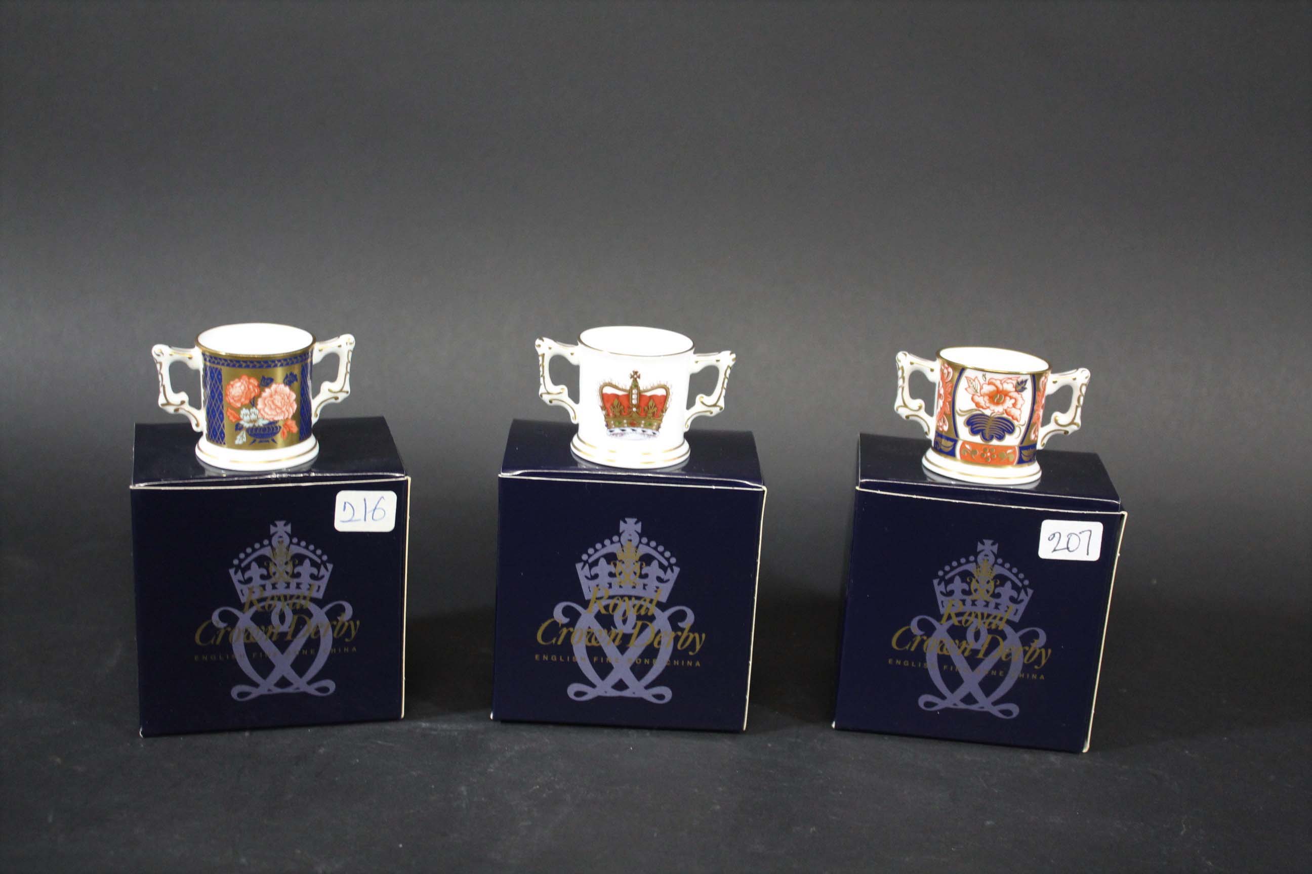 ROYAL CROWN DERBY MINIATURES - BOXED 11 modern boxed items including Imari Splendour Mini Loving Cup