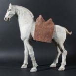CHINESE GREY POTTERY FIGURE OF A HORSE, Tang Dynasty, standing almost four square, its mouth open, a