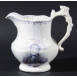 WILLIAM IV CORONATION JUG, mauve printed with the Royal Coat of Arms flanked by a bust to one side