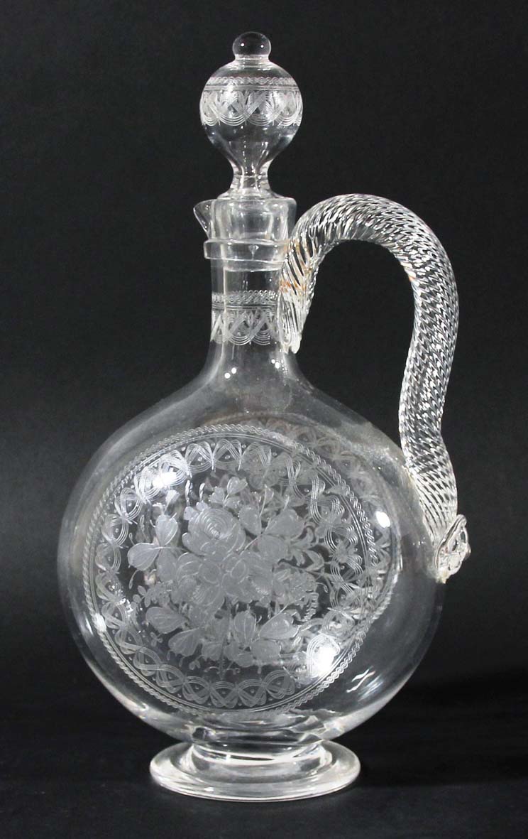 STOURBRIDGE EWER AND STOPPER, of moon flask form with rope twist handle, engraved to each side