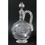 STOURBRIDGE EWER AND STOPPER, of moon flask form with rope twist handle, engraved to each side