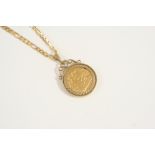 A GOLD HALF SOVEREIGN 1982, in a 9ct. gold pendant mount and on a 9ct. gold flat curb link